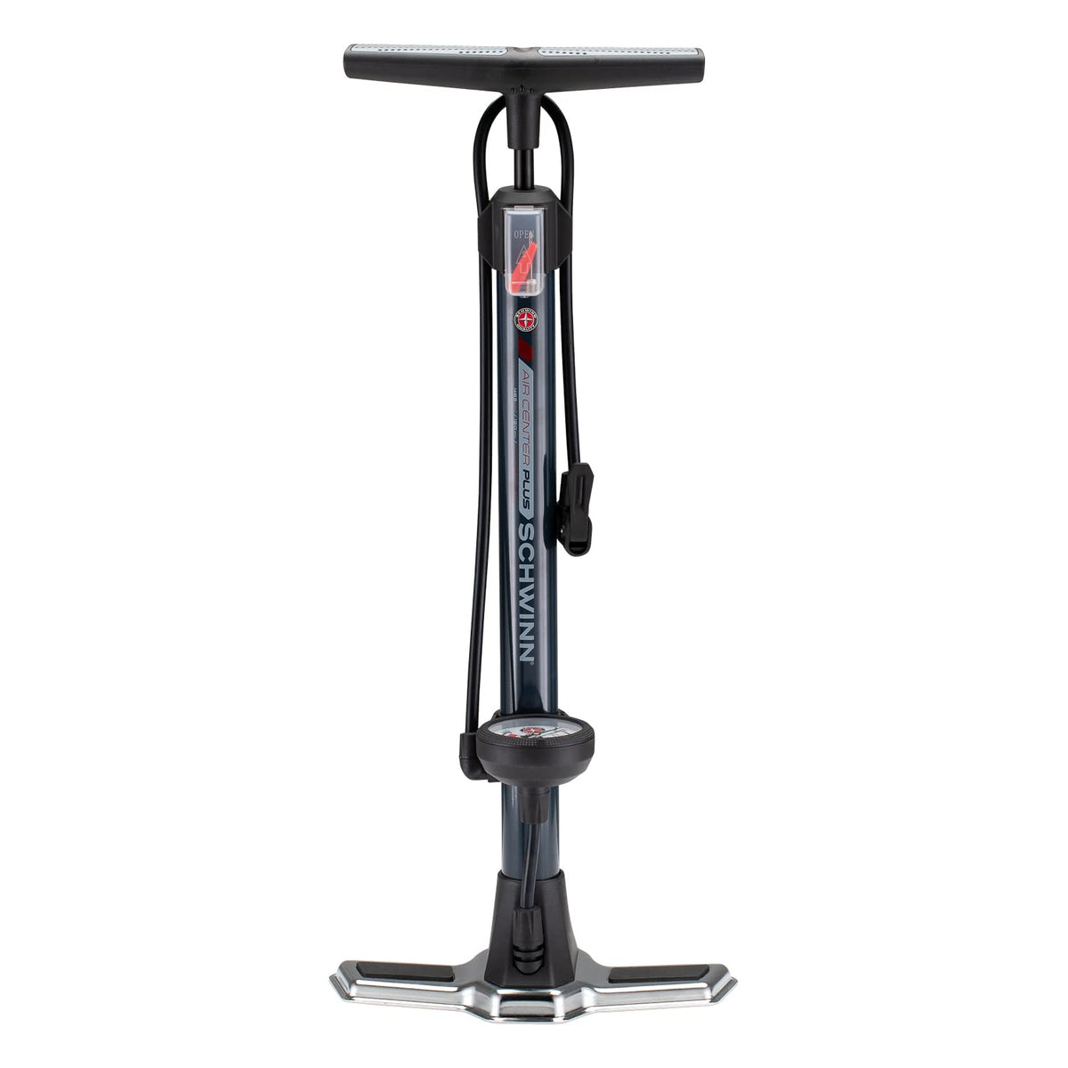 Schwinn Air Center Plus Floor Bike Pump, Pressure Gauge, Pumps 120 Max PSI, Dual Head Fits Schrader and Presta Valve Types, Wide Metal Base, Navy Blue