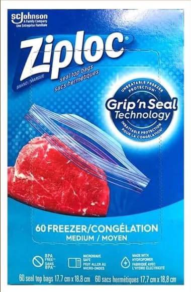 Ziploc Medium Quart Size (6.96" x7.40") Freezer Storage Bags Easy Open Tabs - 180 Bags, 3 PK x 60 Bags