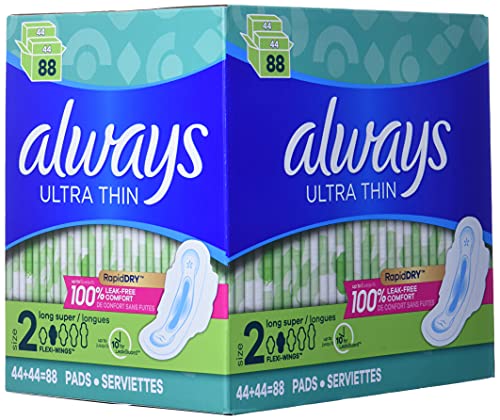 Always Ultra Thin Long Super Pads with Wings, Unscented, 88 Count