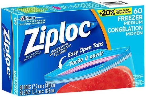 Ziploc Medium Quart Size (6.96" x7.40") Freezer Storage Bags Easy Open Tabs - 180 Bags, 3 PK x 60 Bags