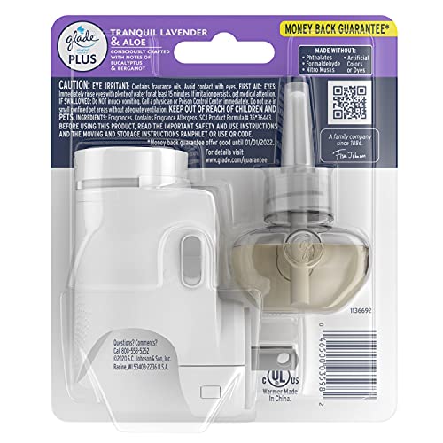 Glade PlugIn Plus Air Freshener Starter Kit, Scented Oil for Home and Bathroom, Tranquil Lavender & Aloe, 0.67 Fl Oz, 1 Warmer + 1 Refill