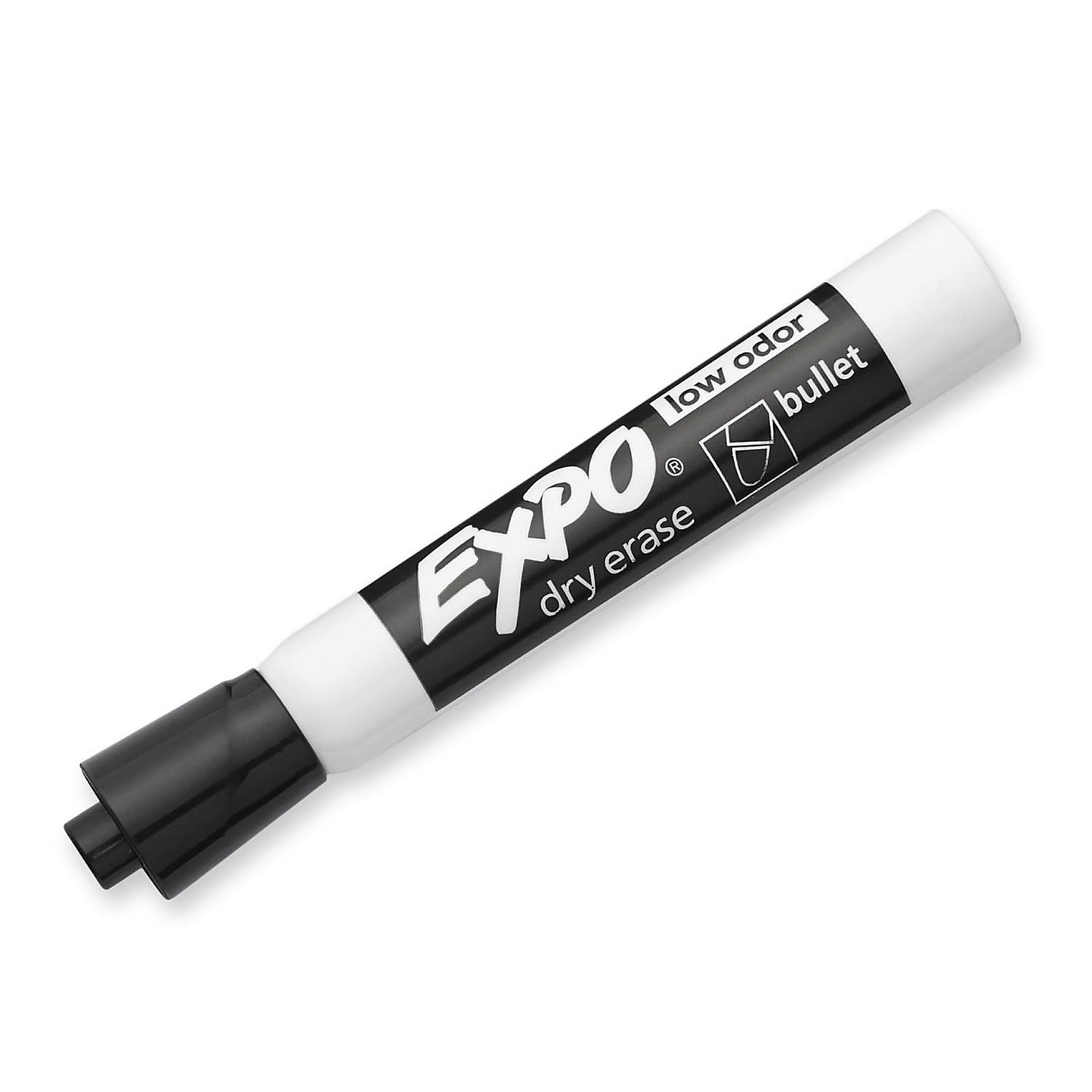 EXPO® Low-Odor Dry-Erase Markers, Bullet Tip, Black/White Barrel, Black Ink, Pack Of 4 Markers
