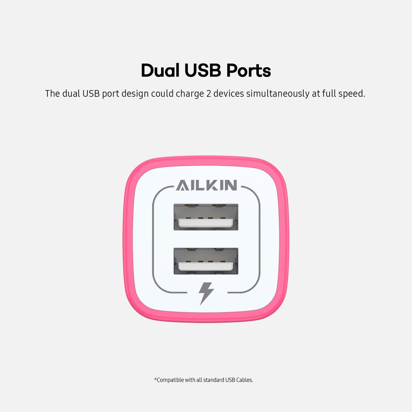 AILKIN 2 Pack Dual USB Wall Chargers, 2.1A, Compatible with iPhone, Samsung, LG, Moto, Kindle, Fast Charging, UL Certified