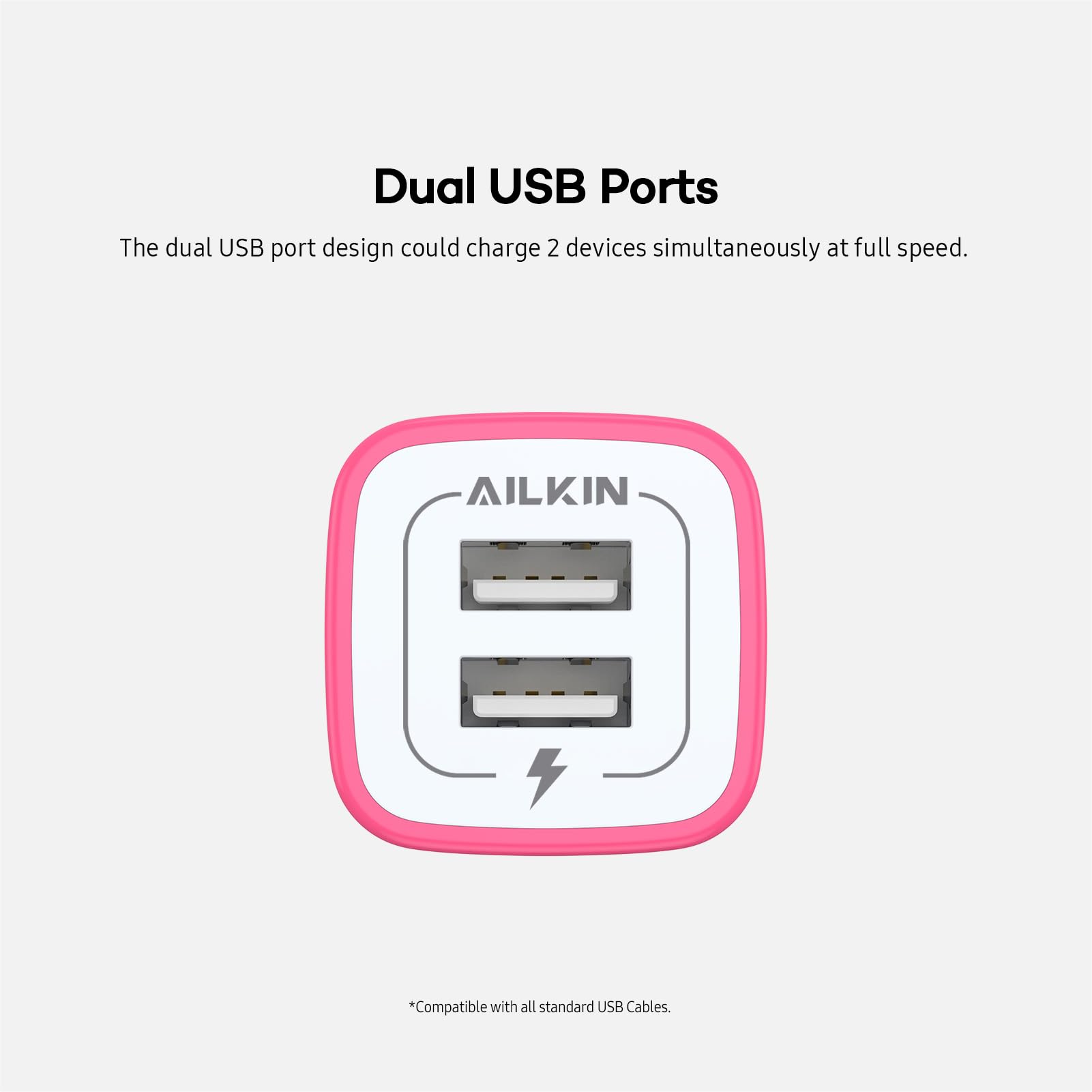 AILKIN 2 Pack Dual USB Wall Chargers, 2.1A, Compatible with iPhone, Samsung, LG, Moto, Kindle, Fast Charging, UL Certified