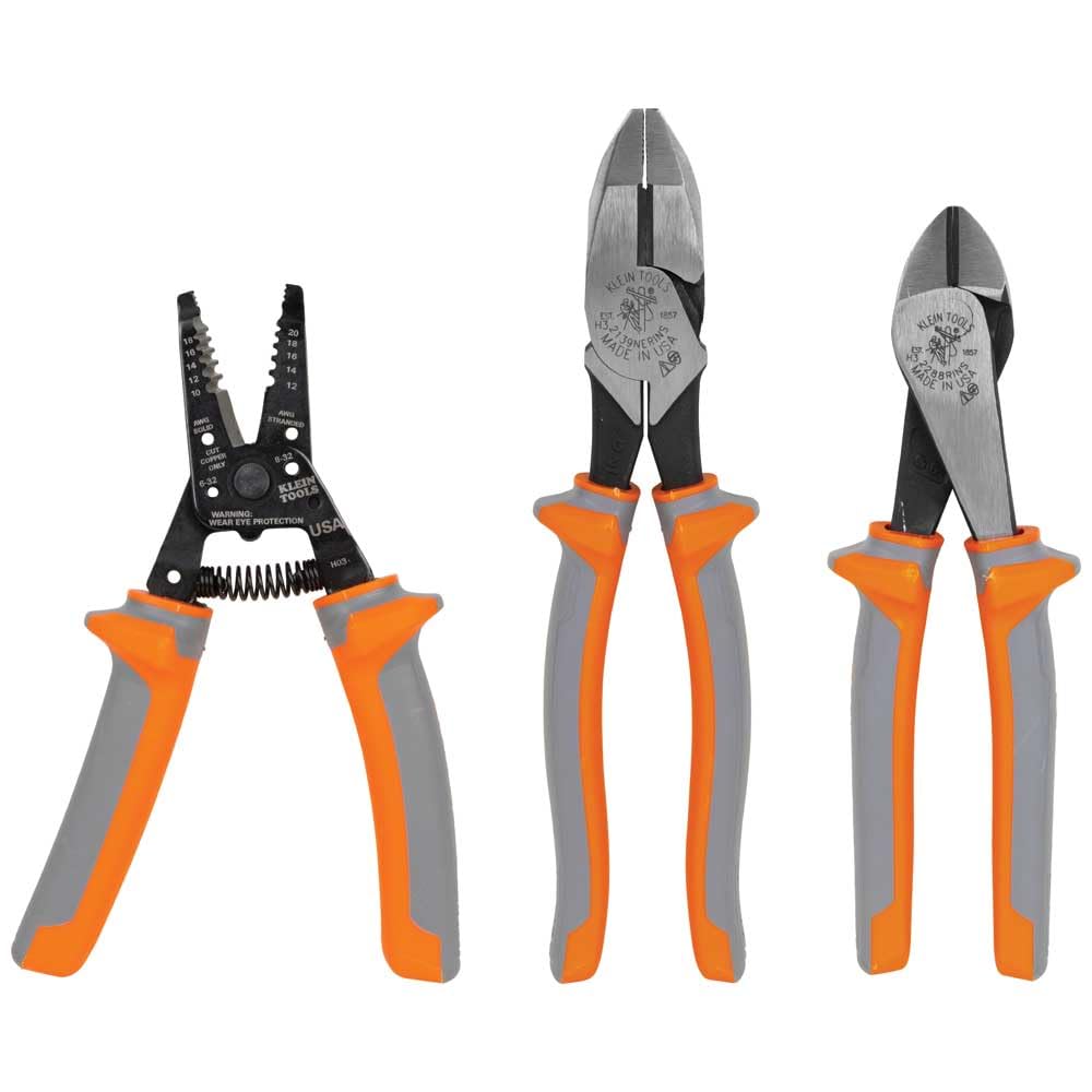 Klein Tools 9416R 1000V Insulated Plier and Wire Stripper Tool Kit, Made in USA, Side-Cutter, Diagonal-Cutter and Wire Stripper, 3-Piece