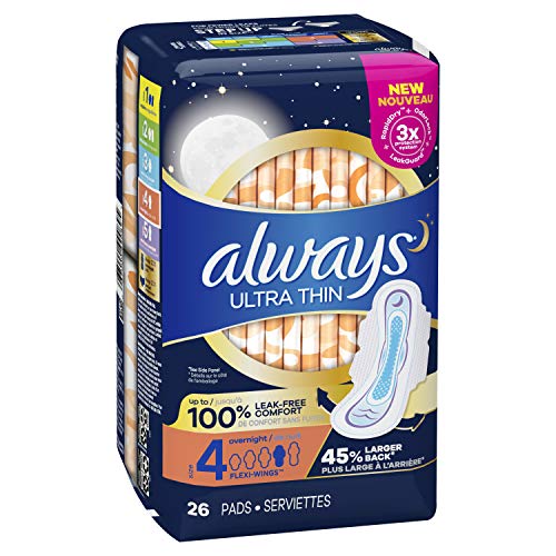 Always Ultra Thin Pads for Women, Size 4 Overnight Absorbency, Unscented with Wings, 26 Count