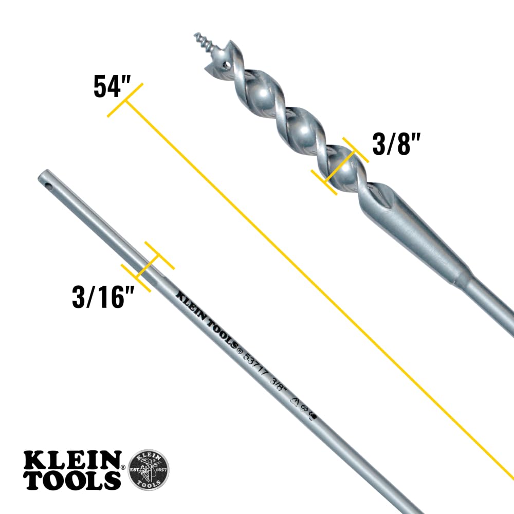 Klein Tools 53716 Flex Bit Auger, 3/8-Inch x 54-Inch Flexible Drill Bit for Pulling Wire Behind Walls