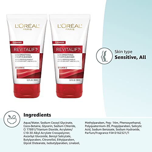 L'Oreal Paris Revitalift Daily Cream Cleanser, Gentle Makeup Remover Face Wash with Vitamin C 5 fl. oz (Pack of 2)