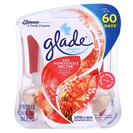 Glade PlugIns Scented Oil Refill Red Honeysuckle Nectar, Essential Oil Infused Wall Plug In, Up to 50 Days of Continuous Fragrance, 1.34 oz( One pack of 2-count )