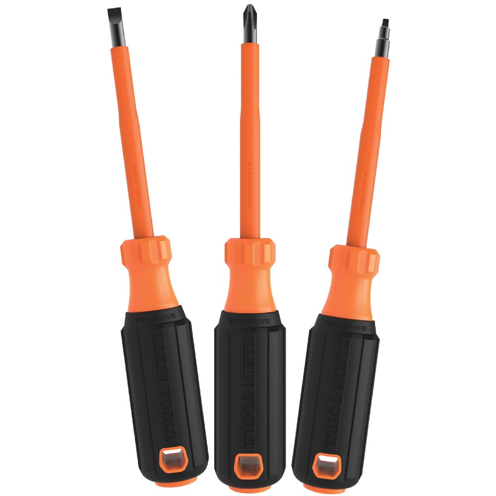Klein Tools 85073INS Insulated Screwdriver Set, Made in USA, features 1000V Phillips, Slotted and Square Tips, Cushion Grip Handles, 3-Piece