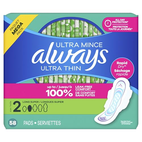 Always Ultra Thin Pads with Wings, Size 2, Long Super, 58 Count