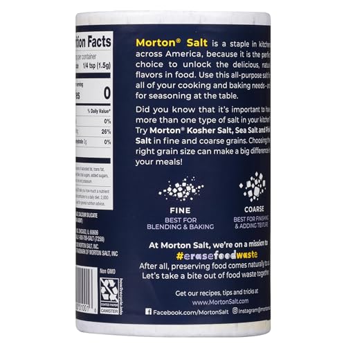 Morton Plain Salt, (26 oz), 2-Pack - All-Purpose, Non-Iodized Salt, Perfect for Cooking & Table Use
