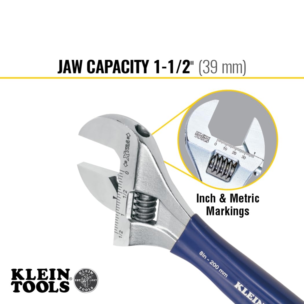 Klein Tools D509-8 Adjustable Wrench, Extra Wide Jaw Forged Drive Wrench with High Polish Chrome Finish, 8-Inch