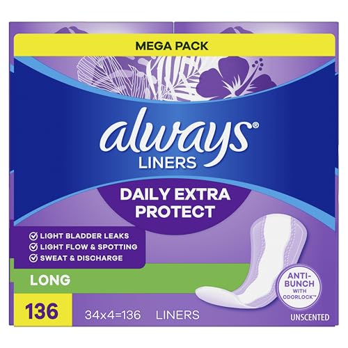 Always Daily Extra Protect Liners, Long Length, Unscented Panty Liners, 136 Count