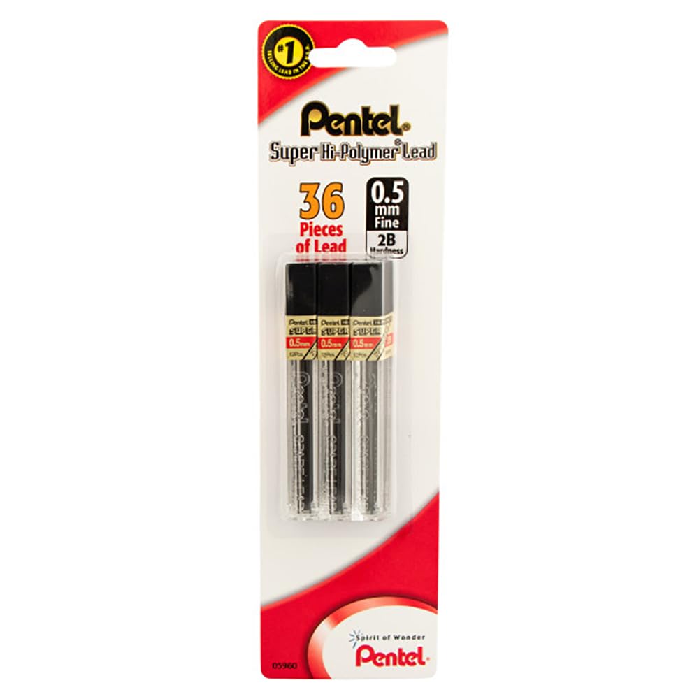 Pentel Super Hi-Polymer Lead Refill (0.5mm) Fine, 2B, 36 Total Pieces