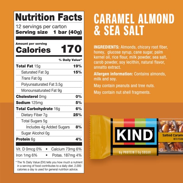KIND Nut Bars, Caramel Almond & Sea Salt, Healthy Snacks, Gluten Free, Low Sugar, 6g Protein, 6 Count