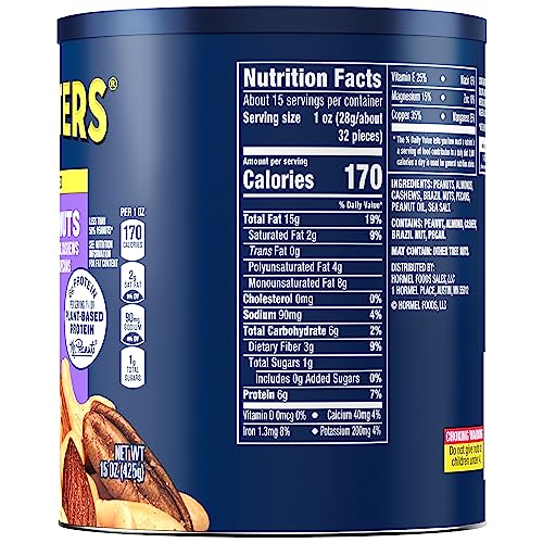 Planters Mixed Nuts Less Than 50% Peanuts with Peanuts (Almonds, Cashews, Hazelnuts & Pecans, 6 ct Pack, 15 oz Canisters)
