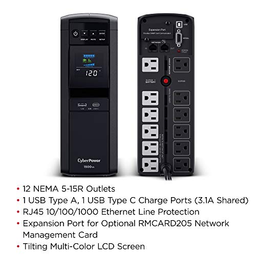 CyberPower CP1500PFCLCD PFC Sinewave UPS System, 1500VA/1000W, 12 Outlets, AVR, Mini Tower,Black