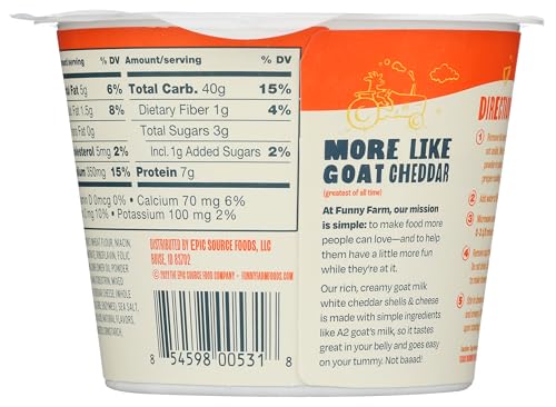 Funny Farm A2 Milk Macaroni and Cheese Cups | Pasta with White Cheddar Flavor - Goat Cheese Mac and Cheese Cups (Bulk 10 Pack) | A2 Goat Milk Cheese Pasta Sauce Packet with Elbow Macaroni Noodles - Goats Milk Based White Cheddar Mac n Cheese Cups