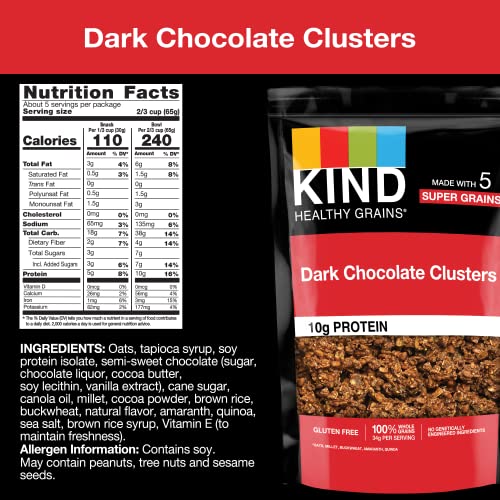 KIND Healthy Grains Granola, Dark Chocolate Clusters, Healthy Snacks, Gluten Free, 100% Whole Grains, 10g Protein, 11oz, 1 Count