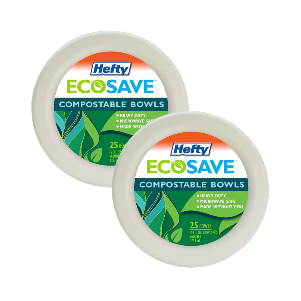 Hefty EcoSave Disposable Bowls, Made from Plant Based Materials, Heavy Duty & Microwave Safe Paper Bowls, 25 Disposable Bowls Per Pack, 16 oz Each (Pack - 2)