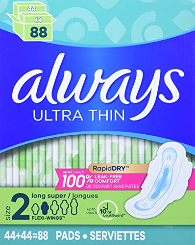 Always Ultra Thin Long Super Pads with Wings, Unscented, 88 Count