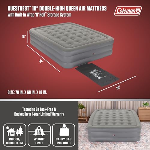 Coleman GuestRest 18" Plush Top Double High Air Mattress Airbed with Integrated Storage System and Carry Bag, Pump Not Included, Queen