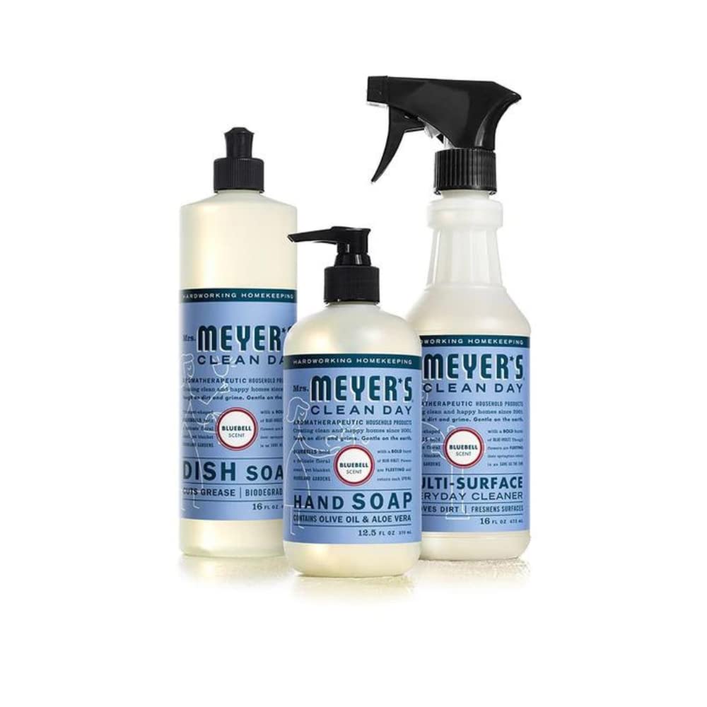 Mrs. MEYER'S Kitchen Set, Dish Soap, Hand Soap, and Multi-Surface Cleaner, 3 CT (Bluebell)
