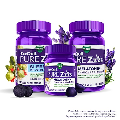 ZzzQuil PURE Zzzs Melatonin Sleep Aid Gummies, Helps You Fall Asleep Naturally, Wildberry Vanilla Flavor, Chamomile Lavender & Valerian Root, 1mg per gummy, 24 Count