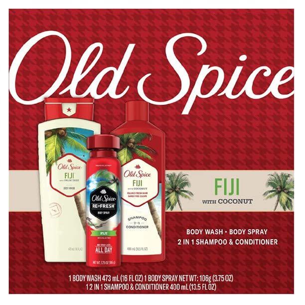 Old Spice Fiji Holiday Gift Set - Body Wash, Body Spray, 2-in-1 Shampoo & Conditioner, Deodorant, Great Skincare for Men