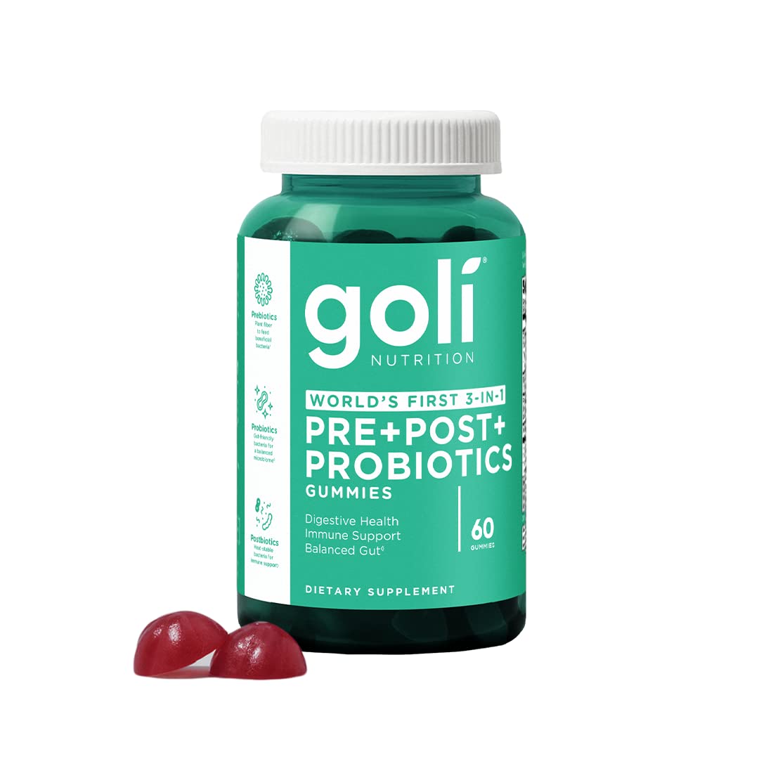 Goli Nutritional Supplement, Pre+Post+Probiotics Gummy - 60 Count - World's First 3-in-1 Gluten-Free, Vegan, Non-GMO, and Gelatin-Free.