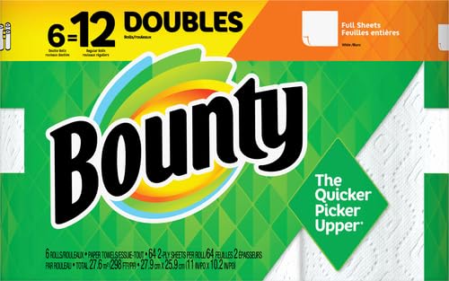 Bounty Full Sheet Paper Towels, White, 6 Double Rolls = 12 Regular Rolls