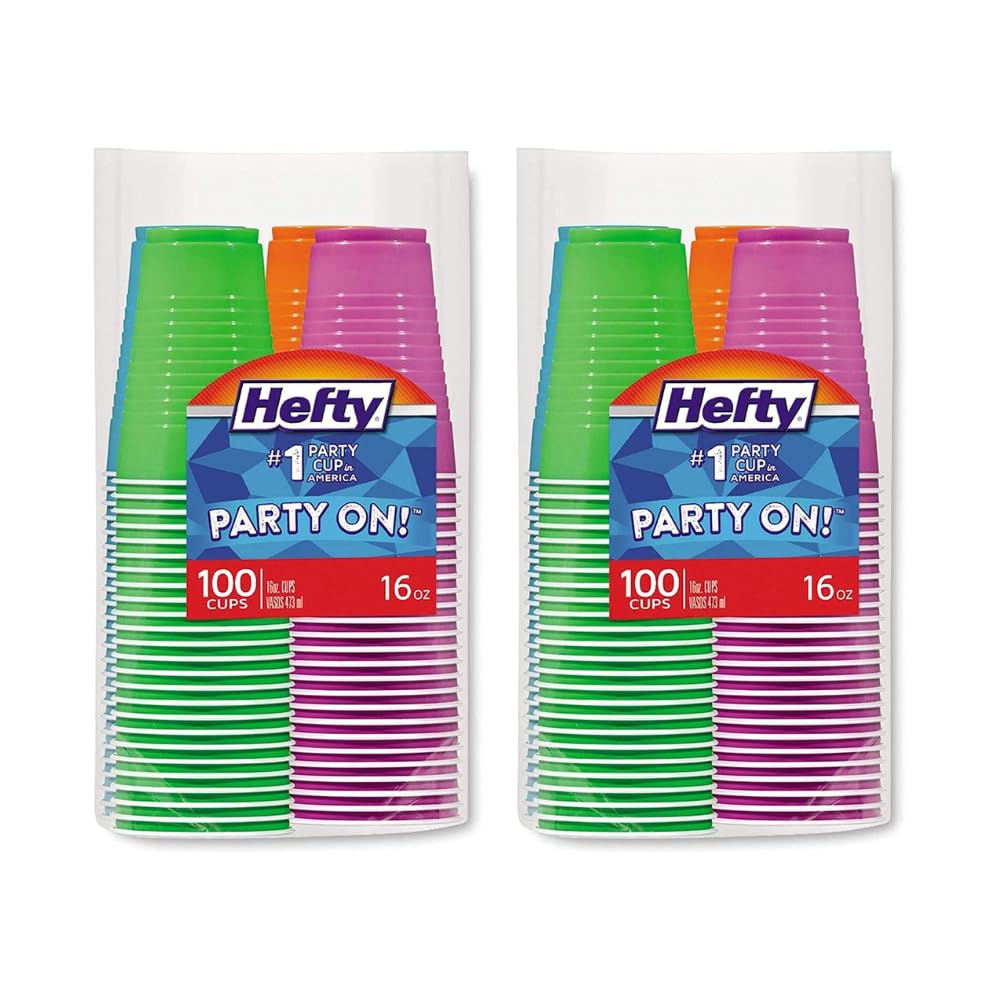 Hefty Party Cup Variety Pack, Disposable Plastic Party Cups, Easy Grip & Durable, Assorted Color Cup Variety Pack, 16-Ounce Cups, 100 CT Per Pack (Pack of 2)