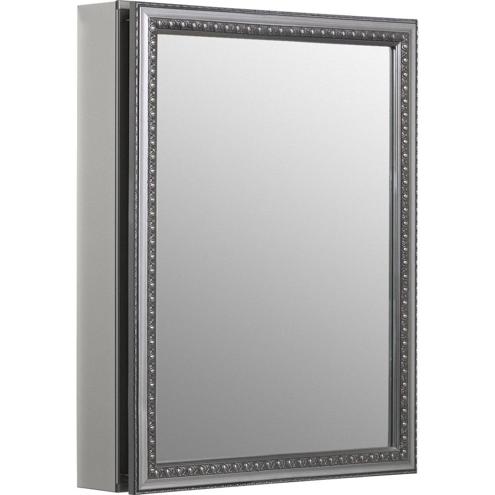 KOHLER CB-CLW2026SS Aluminum Medicine Cabinet with Decorative Silver Framed Mirror Door, Adjustable Shelves Rectangular Frame, 20" x 26"