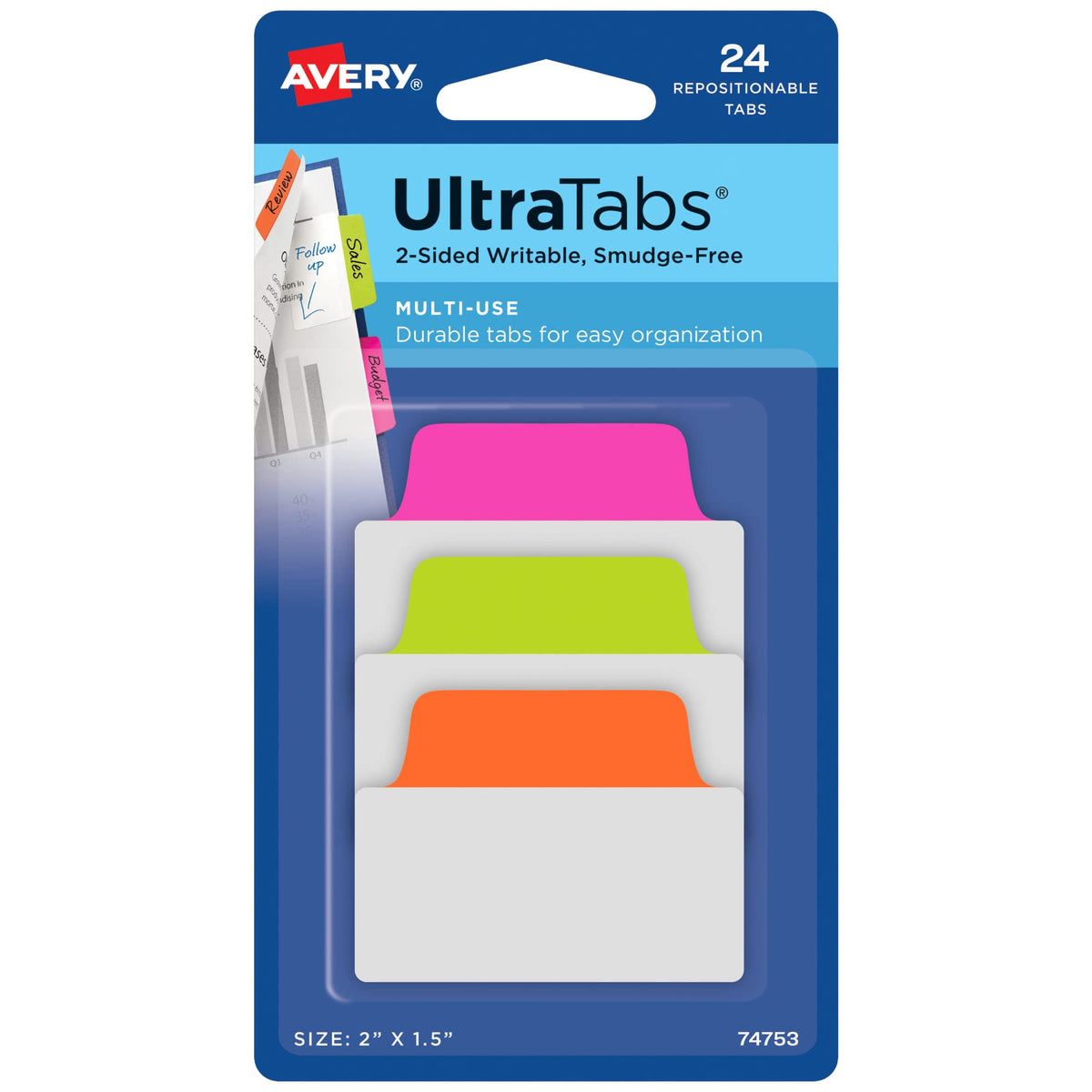 Avery Multiuse Ultra Tabs, 2" x 1.5", 2-Side Writable, Neon Pink/Green/Orange, 24 Repositionable Tabs (74753)
