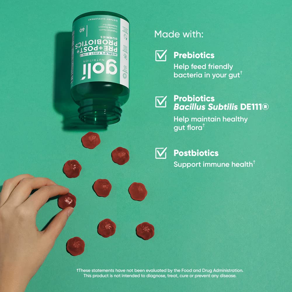 Goli Nutritional Supplement, Pre+Post+Probiotics Gummy - 60 Count - World's First 3-in-1 Gluten-Free, Vegan, Non-GMO, and Gelatin-Free.