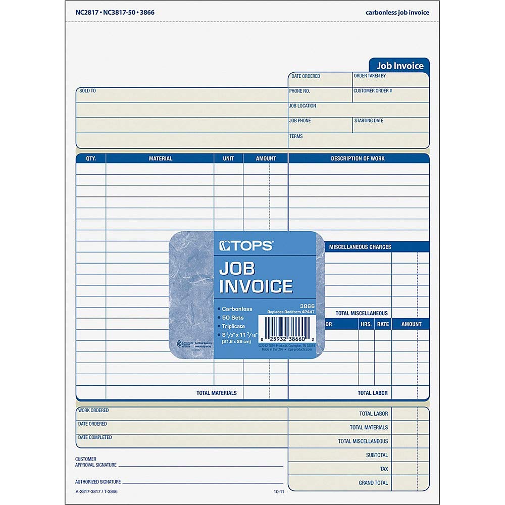 TOPS Job Invoice with Materials List, 3-Part, Carbonless, 8.5 x 11 Inches, 50 Sets per Pack (3866)