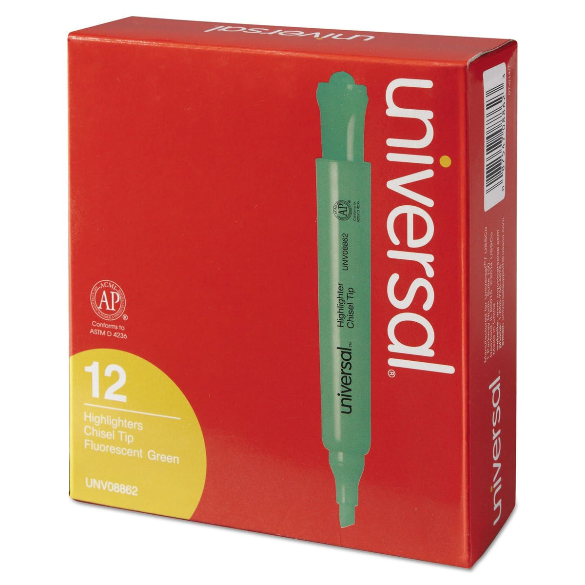Universal Desk Highlighters, Fluorescent Green Ink, Chisel Tip, Green Barrel, Dozen