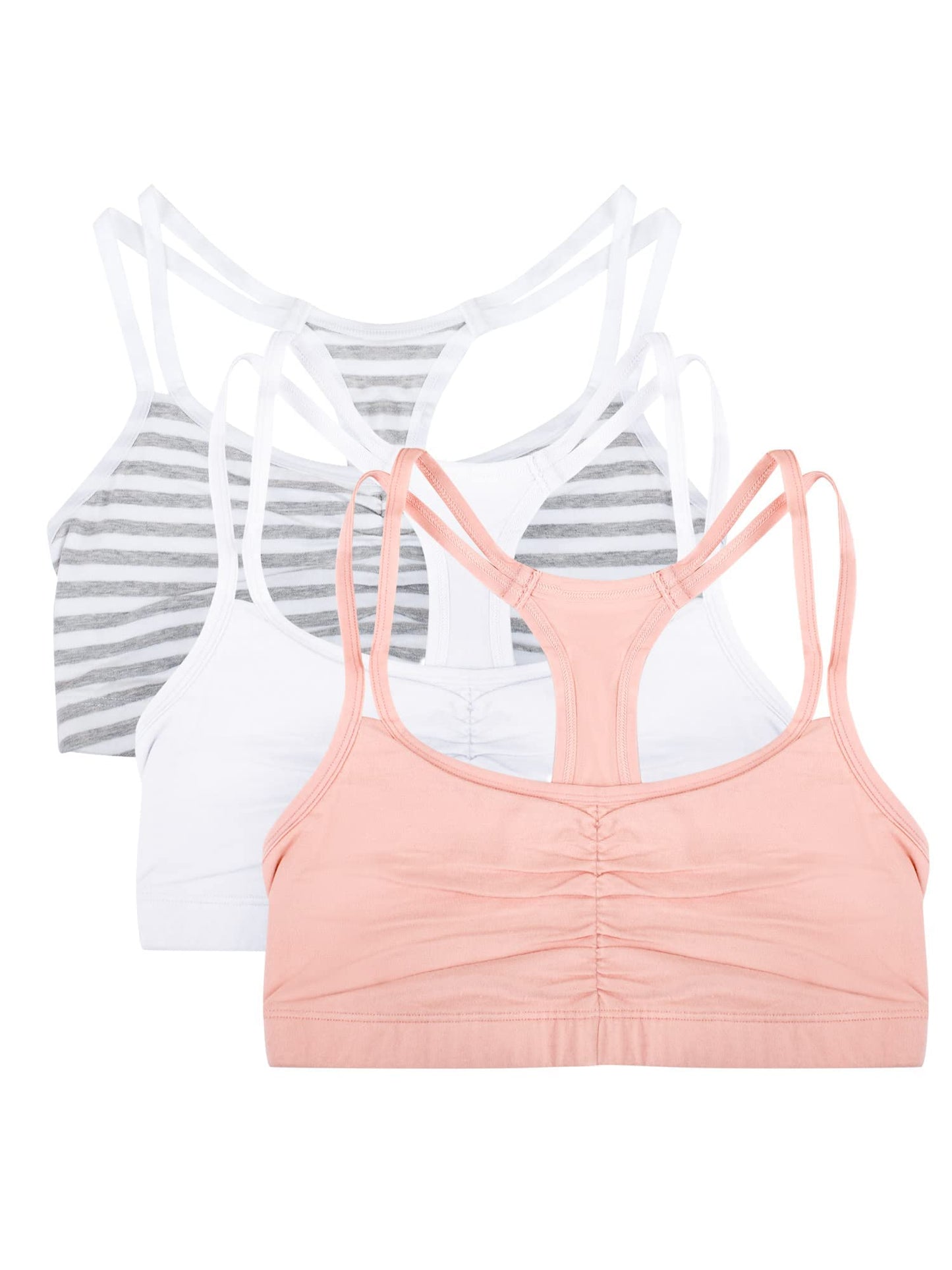 Fruit of The Loom Womens Spaghetti Strap Cotton Pull Over 3 Pack Sports Bra, Skinny Stripe/White/Blushing Rose, 42