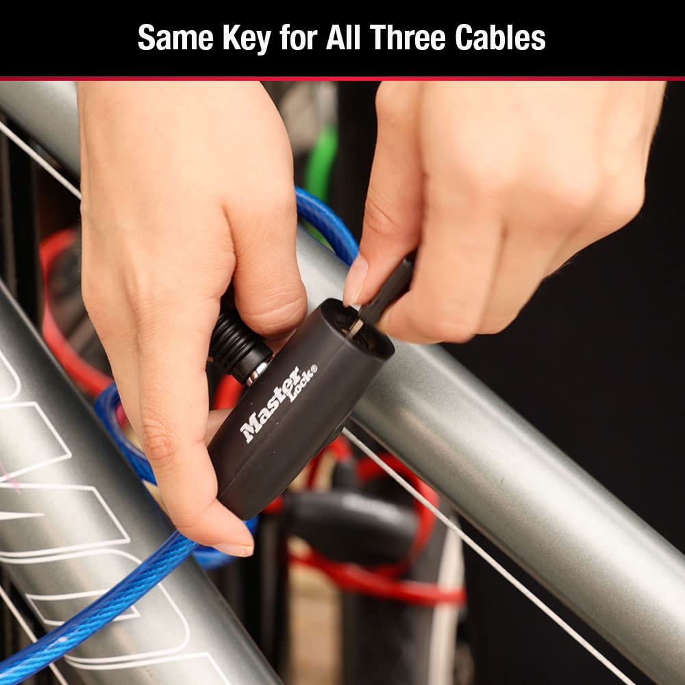 Master Lock Bike Lock Cables with Key, Blue, Green, and Red 3-Pack of Keyed-Alike Bicycle Cable Locks, 6 ft. Long, 8127TRI