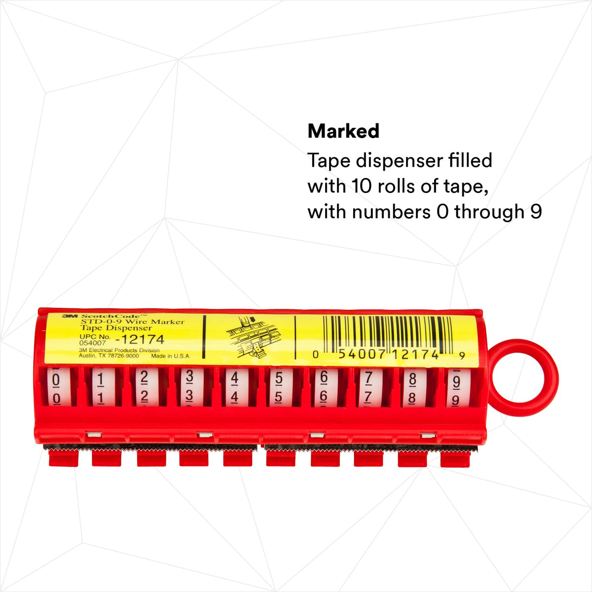 3M ScotchCode Wire Marker Tape Dispenser w/ Tape STD-0-9, Includes 1 each of 0-9 numbered rolls