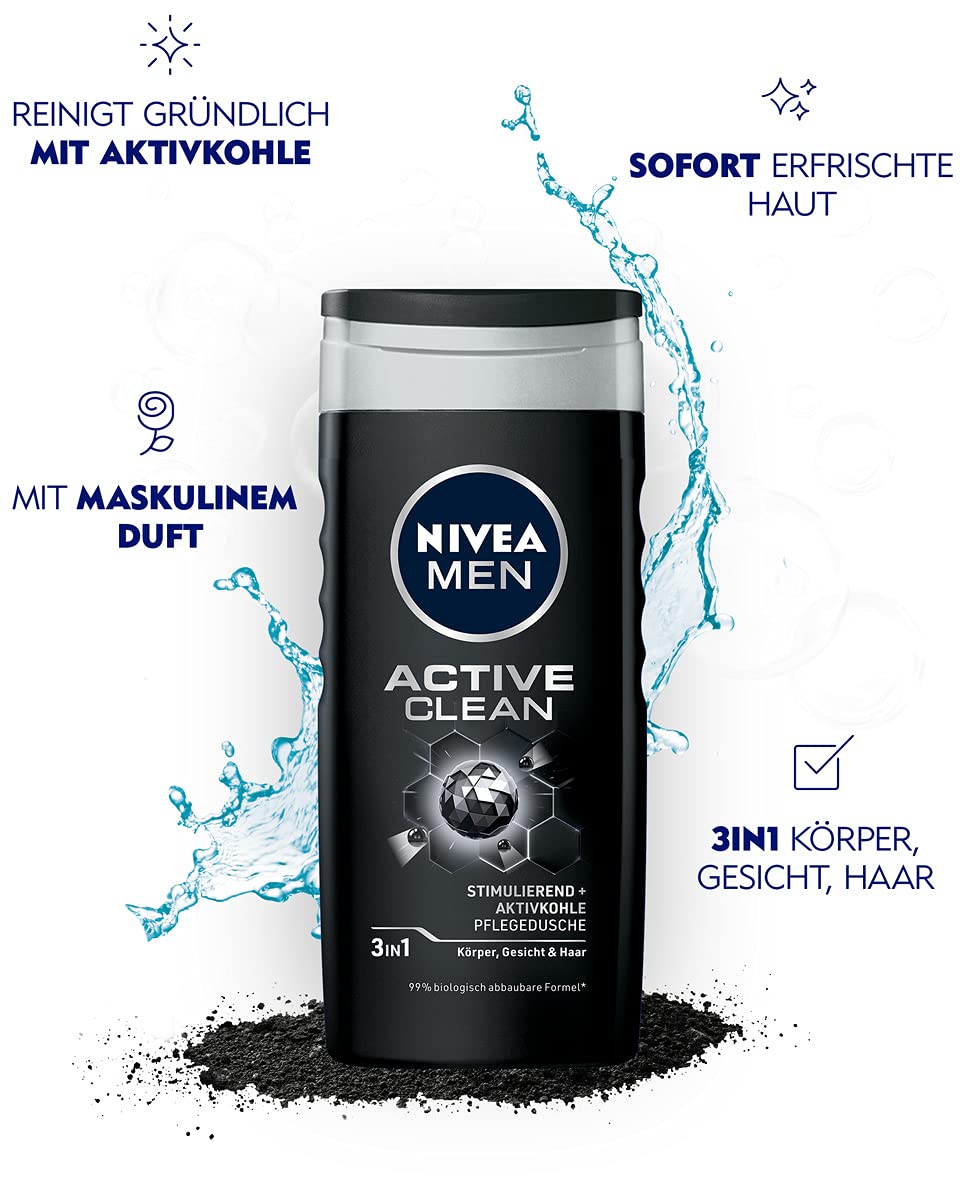 Nivea Men Active Clean Shower Gel (250 ml), Effective Shower Gel with Natural Activated Charcoal, Refreshing Shower for the Body, Face and Hair