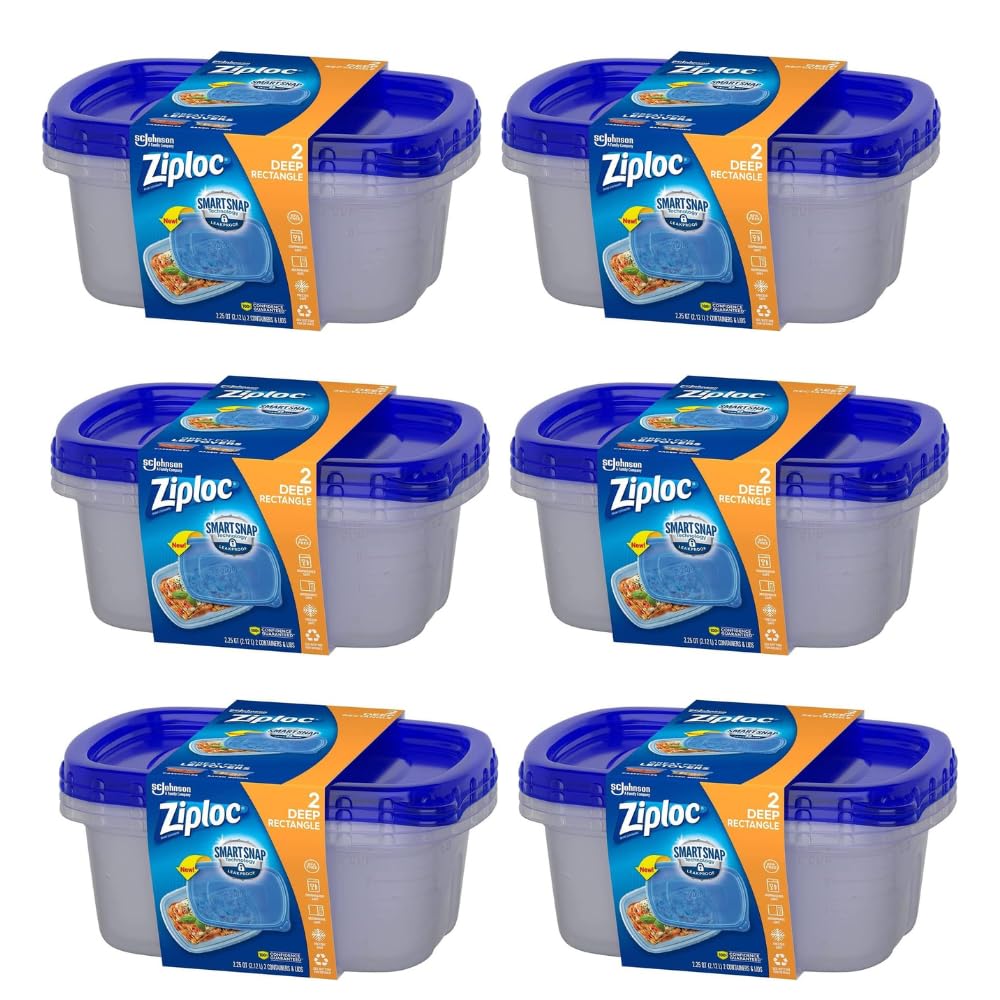 Ziploc Container, Deep Rectangle 2 Count, 70941 (Pack of 6), Clear
