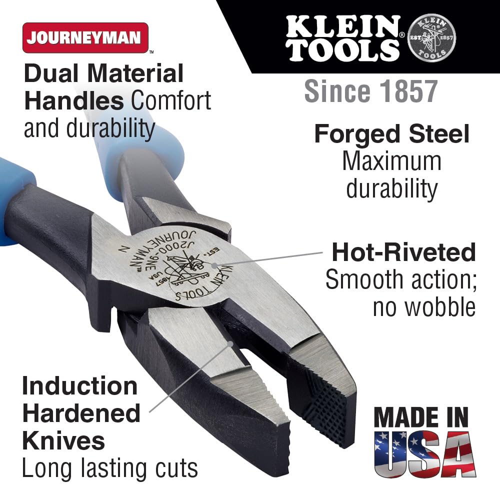 Klein Tools J2000-9NE Side Cutter Linemans Pliers, Made in USA, High Leverage 9-Inch Pliers Cut ACSR, Screws, Nails, Wire