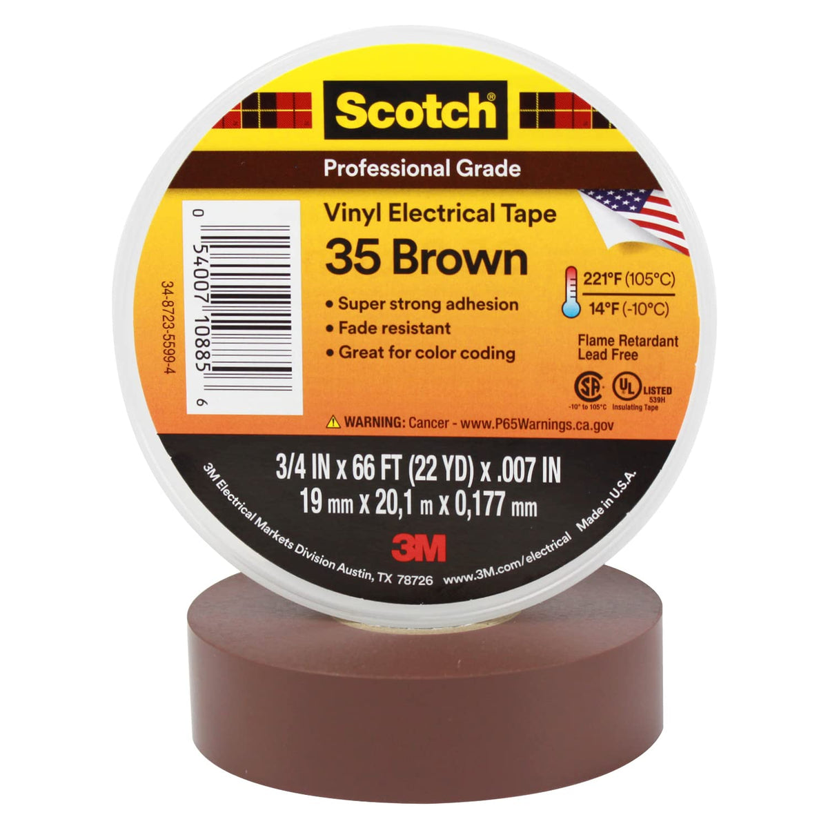 3M Scotch Vinyl Color Coding Electrical Tape 35, 3/4 in x 66 ft, Premium Grade, Flame Retardant, UV Resistant, Electrical and Mechanical Protection, Brown, 7 mil, 1 Roll