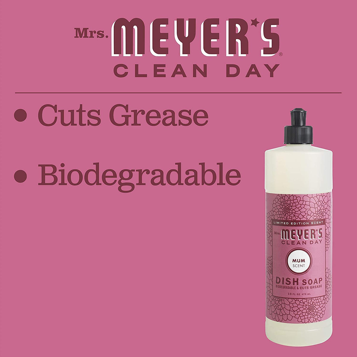 Mrs. MEYER'S Clean Day Liquid Dish Soap, Biodegradable Formula, Mum,16 Fl Oz. (Pack of 6)