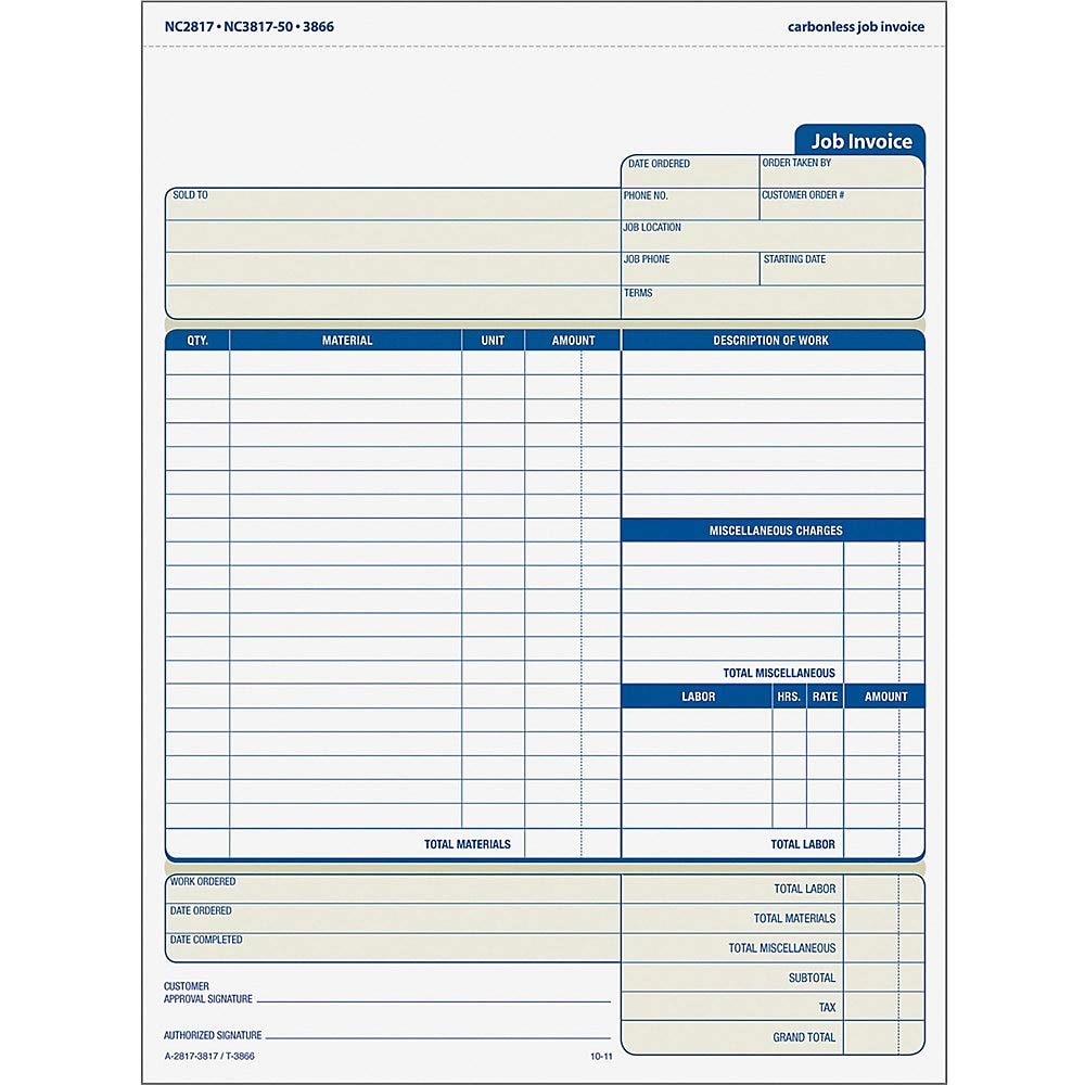 TOPS Job Invoice with Materials List, 3-Part, Carbonless, 8.5 x 11 Inches, 50 Sets per Pack (3866)