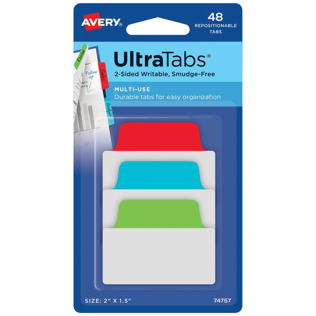 Avery Multiuse Ultra Tabs, 2" x 1.5", 2-Side Writable, Red/Blue/Green, 48 Repositionable Tabs (74757)