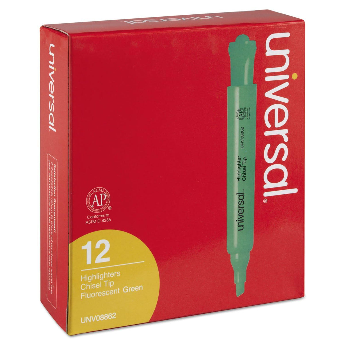 Universal Desk Highlighters, Fluorescent Green Ink, Chisel Tip, Green Barrel, Dozen