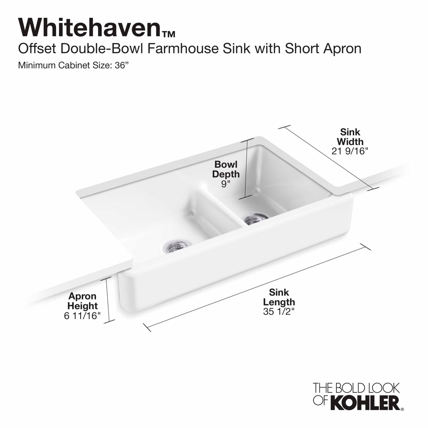 Kohler 6426-0 Whitehaven® Smart Divide® 35-1/2" undermount double-bowl farmhouse kitchen sink with short apron, White